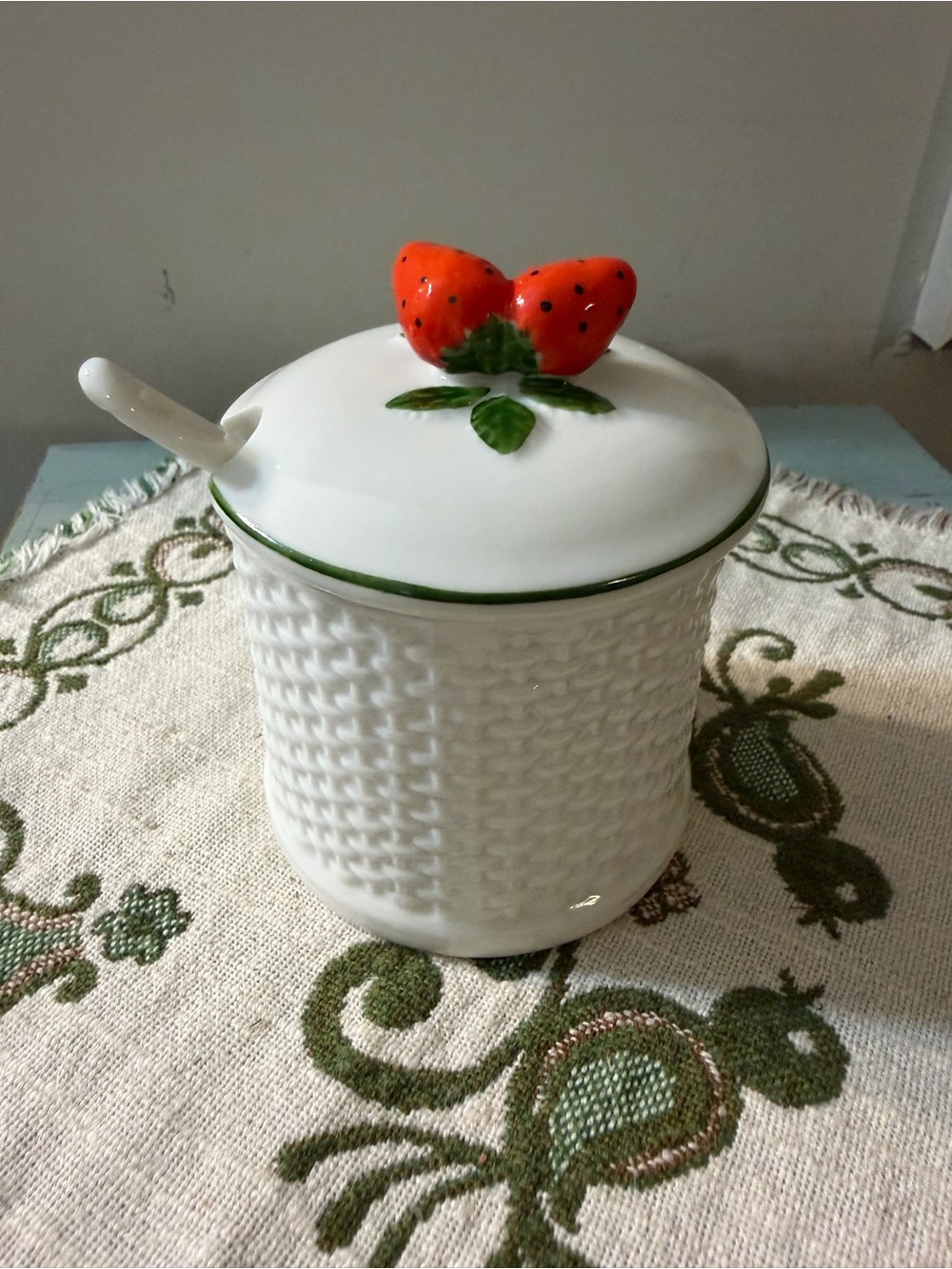 Vintage White Ceramic Sugar Pot with Strawberry Lid & Spoon